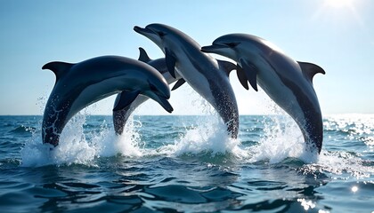 Fototapeta premium Three dolphins joyfully leap from the ocean, creating a splash in the sunlight. Captures the beauty of marine life in a vibrant, natural setting.
