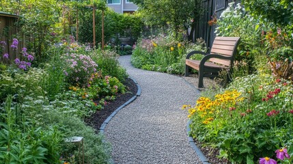 Obraz premium A narrow gravel path curving through a blooming garden, with benches and decorative plants along the way.