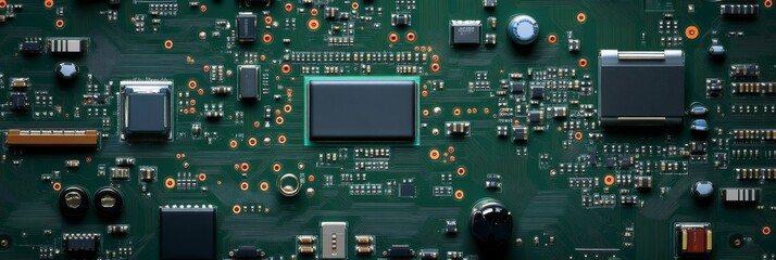 Closeup of green electronic circuit board with radio parts and chip processors background