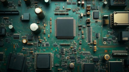 Closeup of green electronic circuit board with radio parts and chip processors background