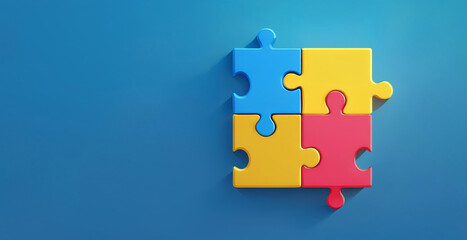 Colorful puzzle pieces arranged on a solid blue background, symbolizing problem-solving and creativity in a minimalist design.