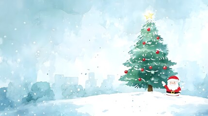 Obraz premium Christmas tree with Santa Claus and snowflakes in the background, watercolor illustration on a white background