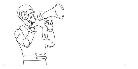 continuous line of AI robot doing promotion with loudspeaker.one line drawing of ai robot helping man to do business.ai technology for business.single line vector illustration