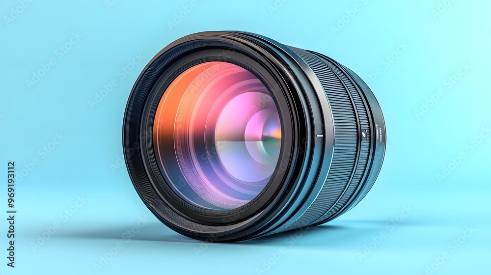 Wall mural professional camera lens, front view, colorful glass reflections, pale blue background on left, high