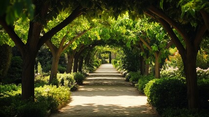 A quiet garden path with a canopy of trees, casting dappled sunlight on the walkway below.