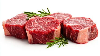 Fototapeta premium Closeup of Savory Raw Beef Steak with Fresh Rosemary Garnish on White Background