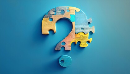 Colorful puzzle pieces forming a question mark, symbolizing curiosity and problem-solving on a vibrant blue background.