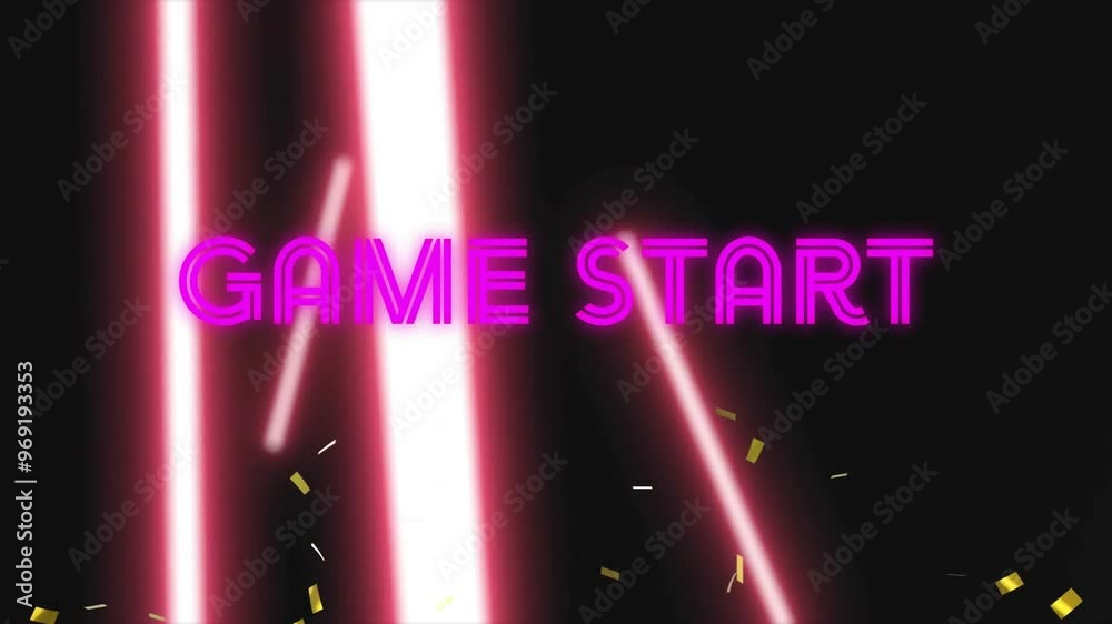 Poster animation of game start text and glowing light trails moving over black background