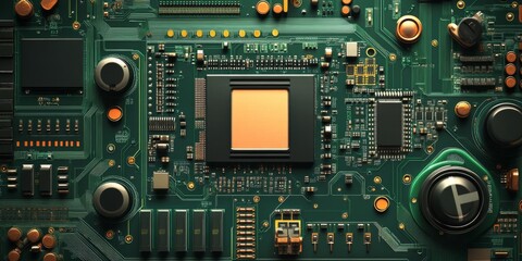 Fototapeta premium Closeup of green electronic circuit board with radio parts and chip processors background