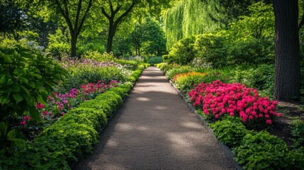 Obraz premium A serene garden path lined with blooming flowers, surrounded by lush green shrubs and trees.