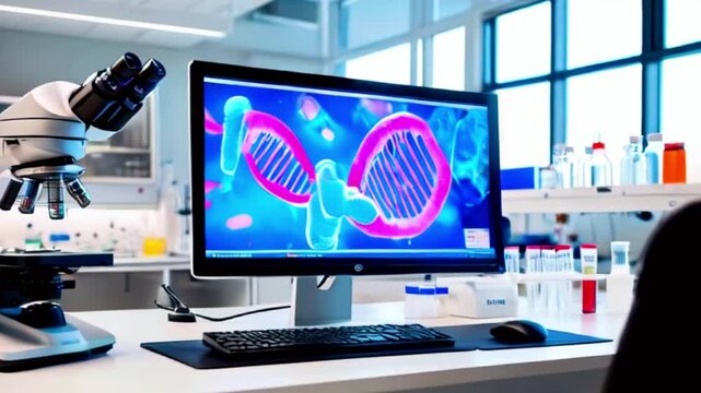 A microscope and computer monitor displaying a DNA model sit on a white lab bench in a laboratory setting.
