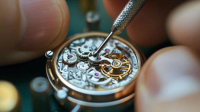 A watchmaker uses a screwdriver to repair a watch movement.