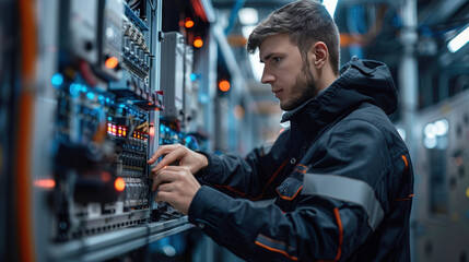 Male technician working on industrial control panel in data center
