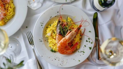 Gourmet Saffron Risotto with Shrimp Garnished fork glass and wine in background