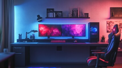 A sleek, modern gaming table setup with dual monitors, RGB lighting, and a high-end gaming chair.