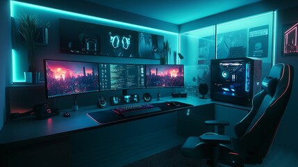 A sleek, modern gaming table setup with dual monitors, RGB lighting, and a high-end gaming chair.