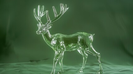 Obraz premium A fully glass deer with lifelike antlers and slender legs on a forest green background