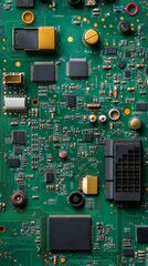 Closeup of green electronic circuit board with radio parts and chip processors background