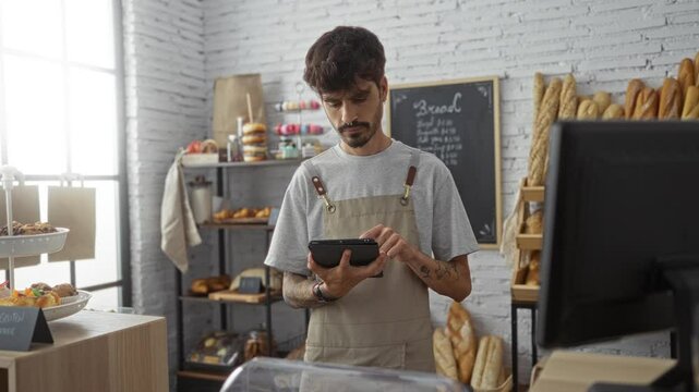 Young man working at bakery using tablet, surrounded by shelves of bread and pastries in a cozy indoor shop setting