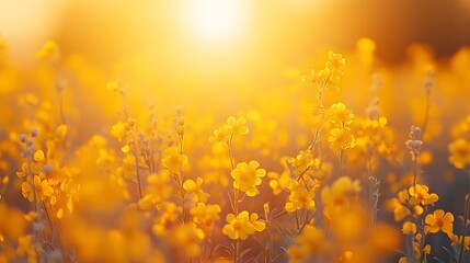 Vibrant rapeseed field, golden yellow flowers, panoramic view, blooming canola plants, bright sunlight, spring countryside, agricultural landscape, sea of yellow.