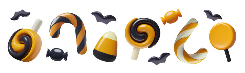 Halloween trick or treat 3d candies collection. Lolly pops, candy canes and candy corn icons and bats in a three dimensional cute minimal plastic style.