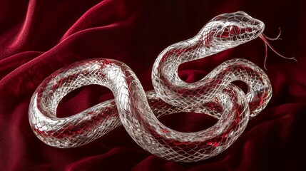 Fototapeta premium A glass snake with intricate scale details coiled on a dark red background