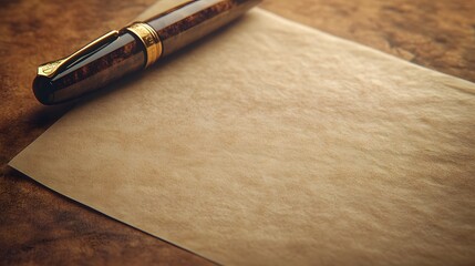 Fototapeta premium Vintage fountain pen on aged kraft paper, golden nib, antique writing instrument, sepia tones, nostalgic atmosphere, literary concept, storytelling, historical document.