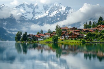Fototapeta premium A small beautiful village in front of a snow capped mountain at a calm lake with reflection 