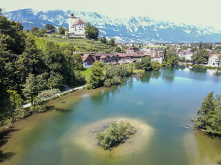 Fototapeta premium Drone view at the village of Werdenberg on Switzerland