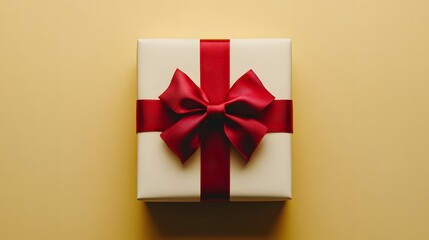 White gift box with red ribbon and bow on pale yellow background, minimalist composition, flat lay, clean aesthetic, high contrast, studio lighting, centered object.