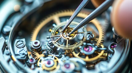 A watchmaker uses tweezers to repair a watch movement.