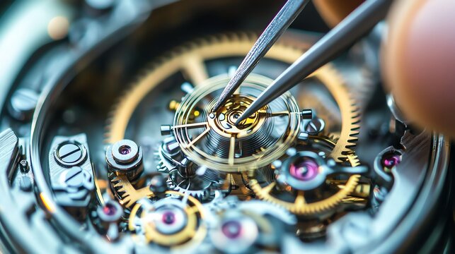 A watchmaker uses tweezers to repair a watch movement.