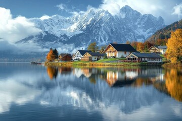Fototapeta premium A small beautiful village in front of a snow capped mountain at a calm lake with reflection 
