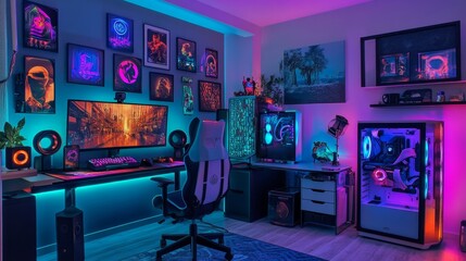 A vibrant gaming room with neon wall art, colorful lighting, and a custom-built PC with RGB fans.