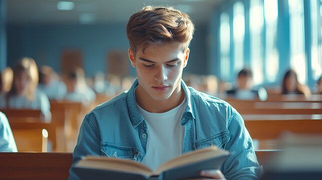 Concentrated young male student reading in a bright classroom.