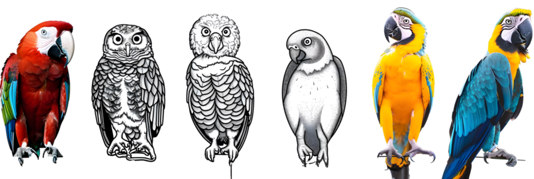 Birds - cute Owl, Eagle, Parrot, Ostrich and Toucan, simple thick lines kids or children cartoon coloring book pages. Clean drawing can be vectorized to illustration. 