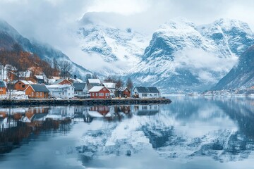 A small beautiful village in front of a snow capped mountain at a calm lake with reflection 