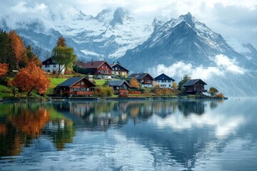 Naklejka premium A small beautiful village in front of a snow capped mountain at a calm lake with reflection 