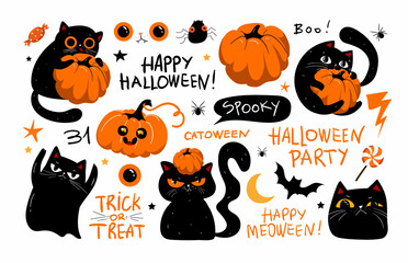 Set of halloween grumpy black cats, lettering and scarry kawaii punpkins. Set of halloweeen stickers, badges, scrapbooking elements. Happy halloween set. Halloween party, vector EPS 10