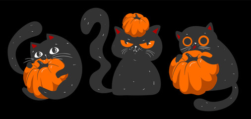 Happy Halloween wallpaper, banner, flyer, greeting card. Spooky pumpkin with grumpy black cats on black background. Holidays cartoon character