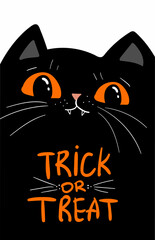 Happy halloween party invitation card with black cat. Holidays cartoon character. Vector
