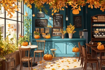 a cozy coffee shop with autumn decorations, including pumpkins and leaves illustration