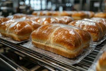 Freshly Baked Loaves of Bread on a Conveyor Belt