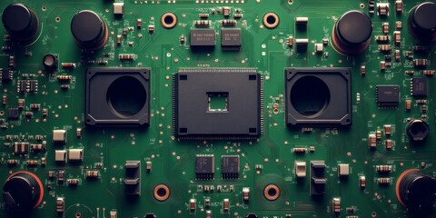 Fototapeta premium Closeup of green electronic circuit board with radio parts and chip processors background