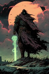 Dark Knight with Glowing Sword at Sunset