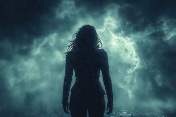Obraz premium female empowerment silhouette of strong woman facing tempestuous storm dramatic lighting turbulent sky themes of resilience courage and inner strength powerful allegorical image