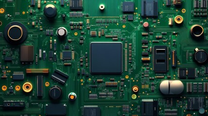 Closeup of green electronic circuit board with radio parts and chip processors background