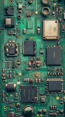 Closeup of green electronic circuit board with radio parts and chip processors background