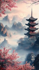 Obraz premium Ancient pagoda in misty mountain landscape with cherry blossoms