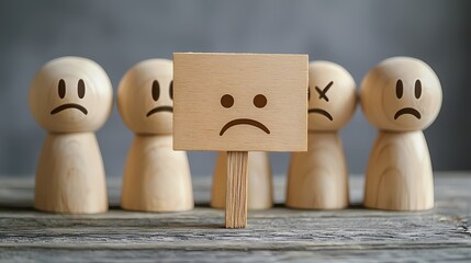 Wooden figures expressing sadness with a sign depicting a frown.